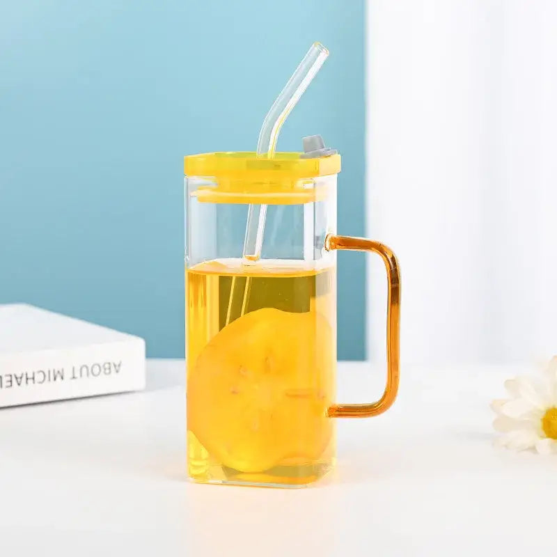 Glass drinking cups with straw and lid – kitchen colored handle mugs