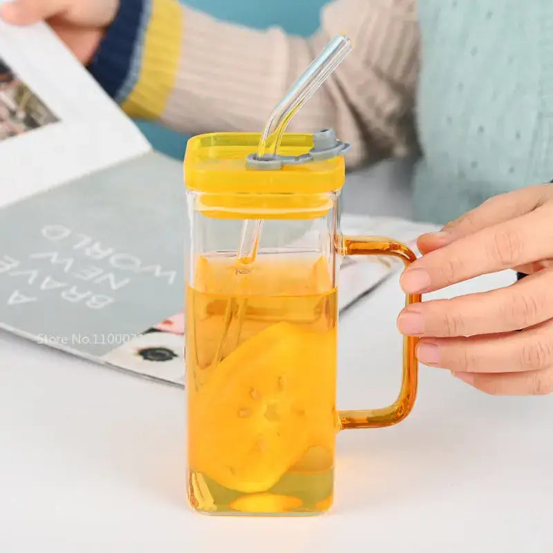 Glass drinking cups with straw and lid – kitchen colored handle mugs