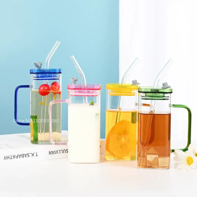 Glass drinking cups with straw and lid – kitchen colored handle mugs