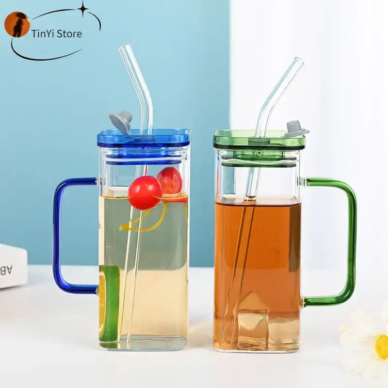 Glass drinking cups with straw and lid – kitchen colored handle mugs