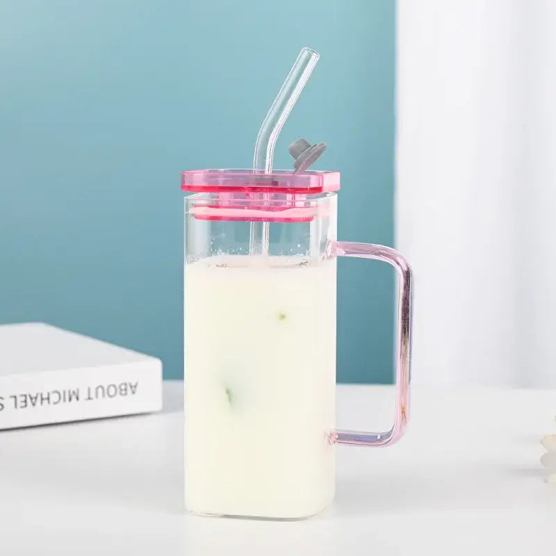 Glass drinking cups with straw and lid – kitchen colored handle mugs