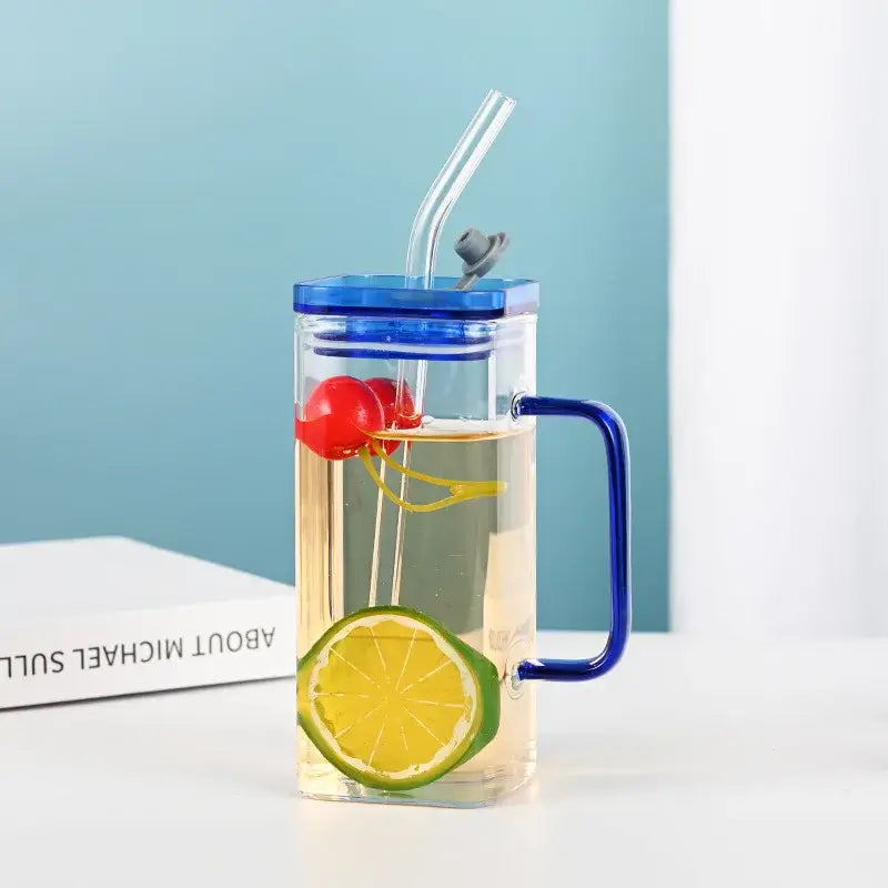 Glass drinking cups with straw and lid – kitchen colored handle mugs