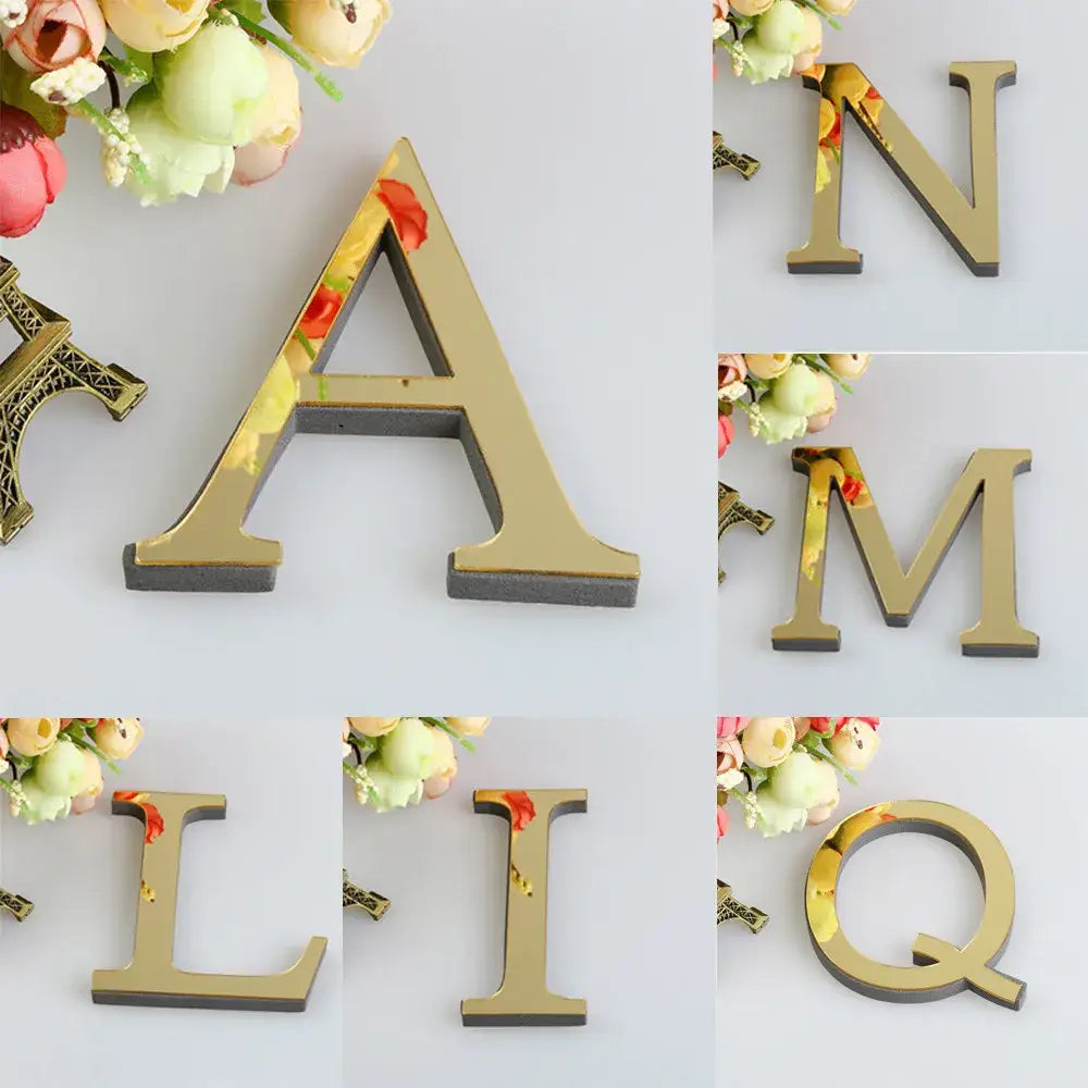 Glossy gold 3d mirror alphabet letters living room wall decor