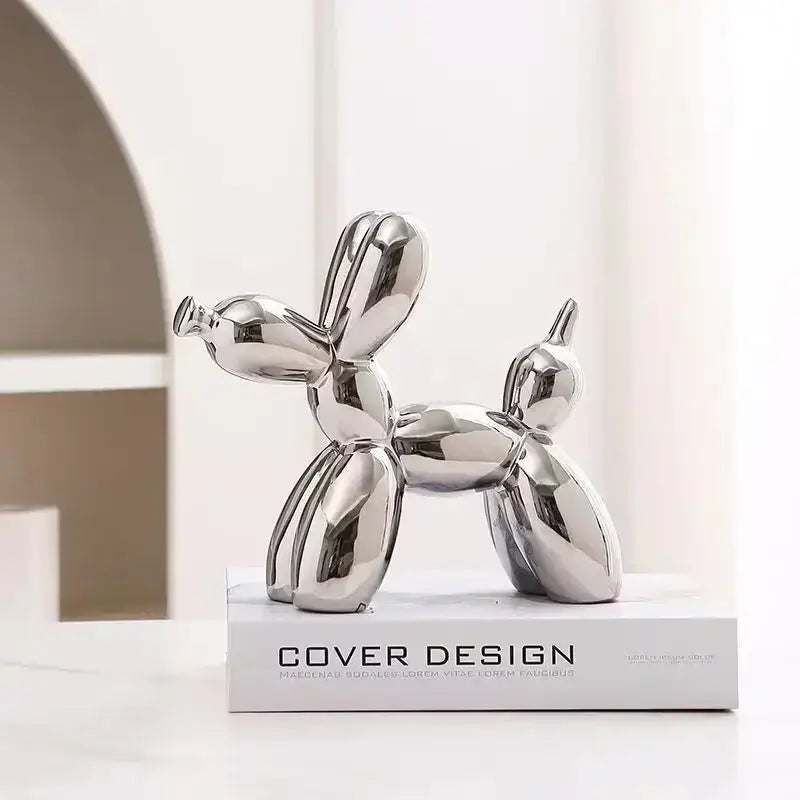 Glossy iridescent silver and gold 22cm balloon dog – living room decor