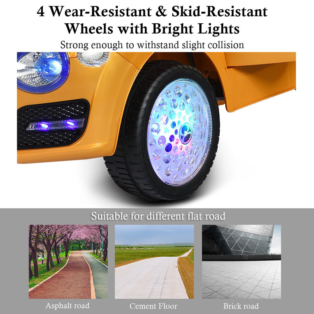 Gold 6V Kids Ride On Car with RC Remote Control, MP3 Player, and Opening Doors
