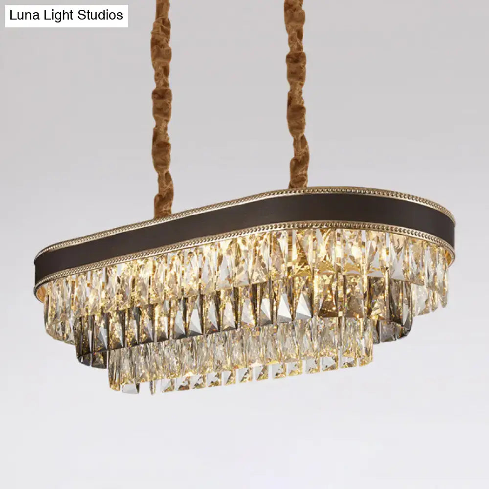 Gold and brown leather ellipse island pendant dining room crystal light