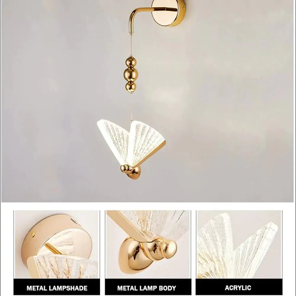 Gold and patterned butterfly led wall light for bedroom