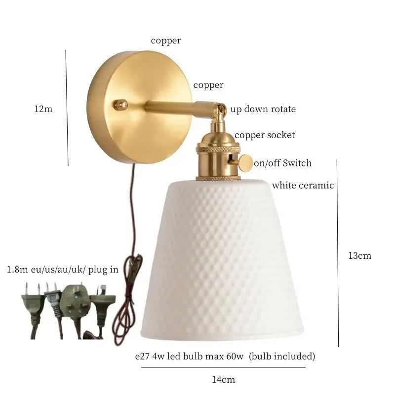 Gold and white ceramic led wall sconce with pull chain for bedroom