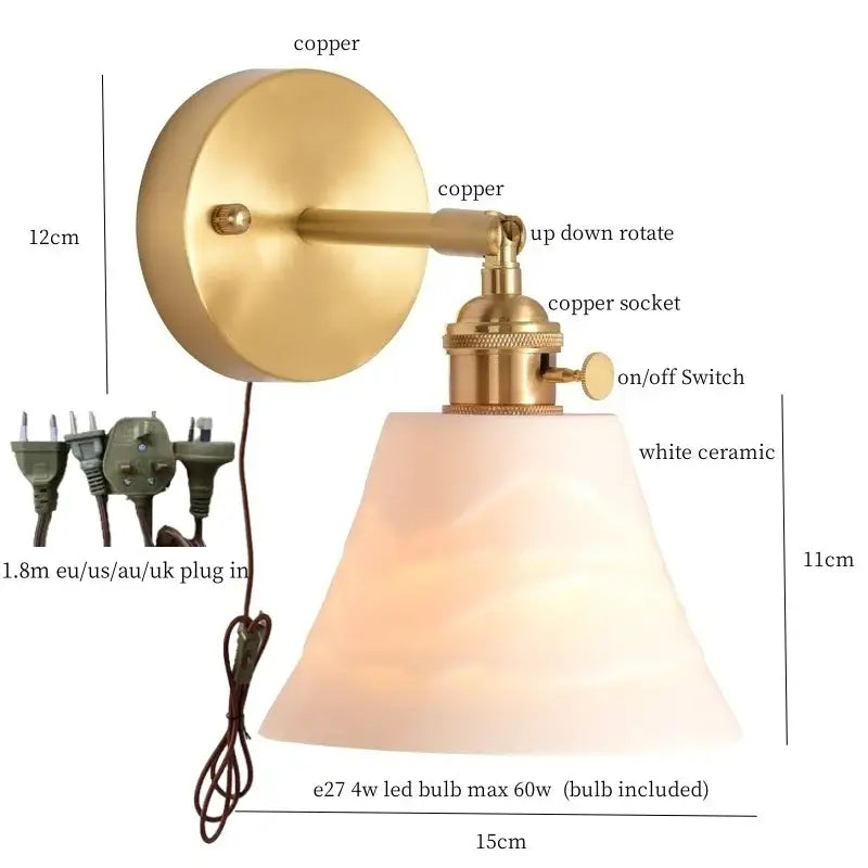 Gold and white ceramic led wall sconce with pull chain for bedroom