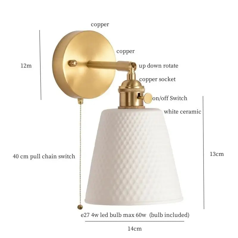 Gold and white ceramic led wall sconce with pull chain for bedroom