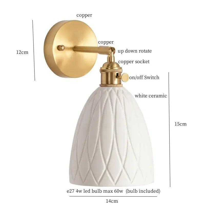 Gold and white ceramic led wall sconce with pull chain for bedroom