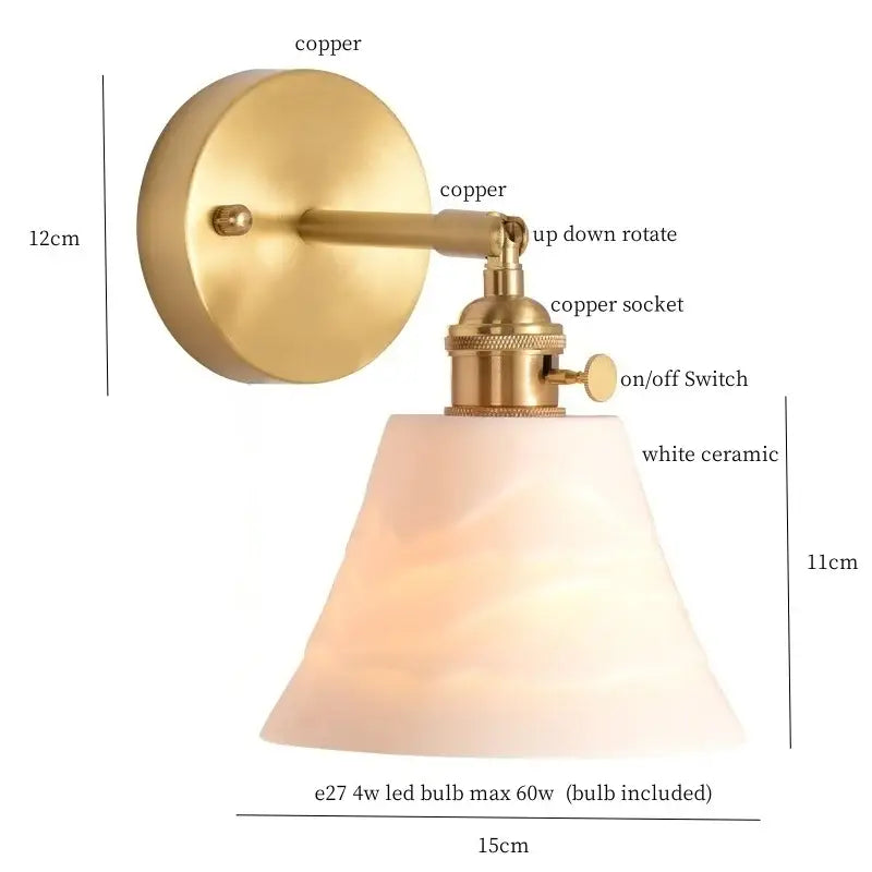 Gold and white ceramic led wall sconce with pull chain for bedroom