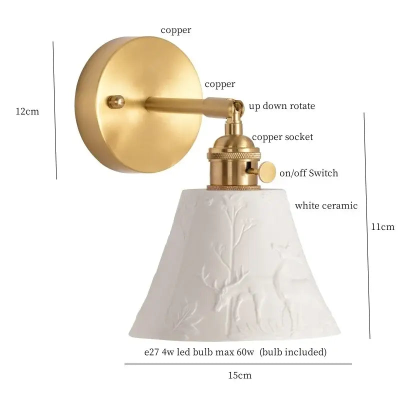 Gold and white ceramic led wall sconce with pull chain for bedroom