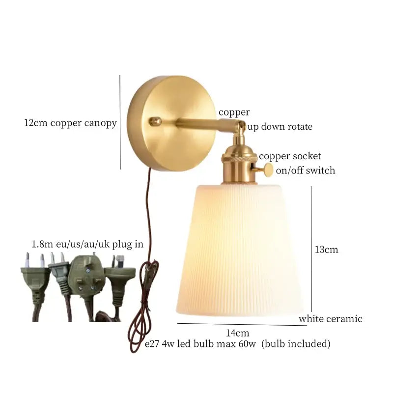 Gold and white ceramic led wall sconce with pull chain for bedroom
