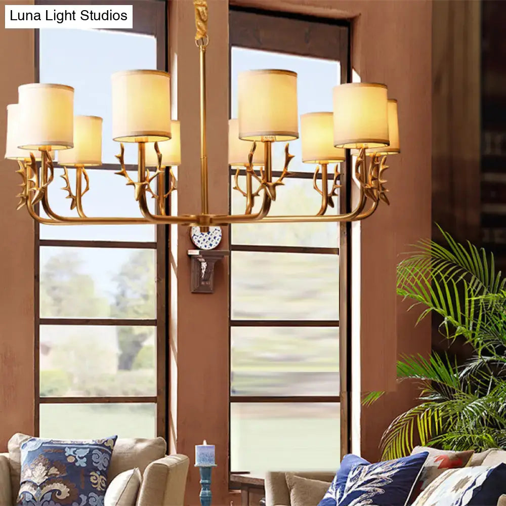 Gold antler fabric shade cylindrical chandelier living room light
