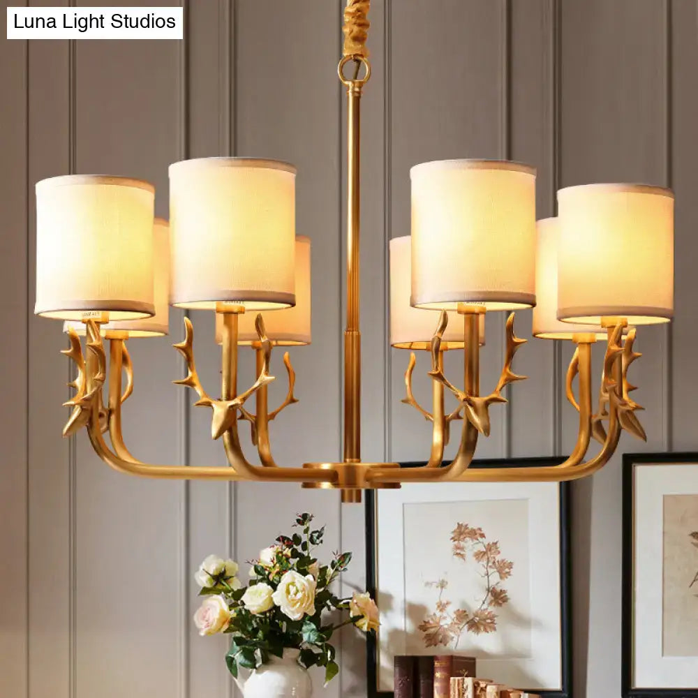 Gold antler fabric shade cylindrical chandelier living room light