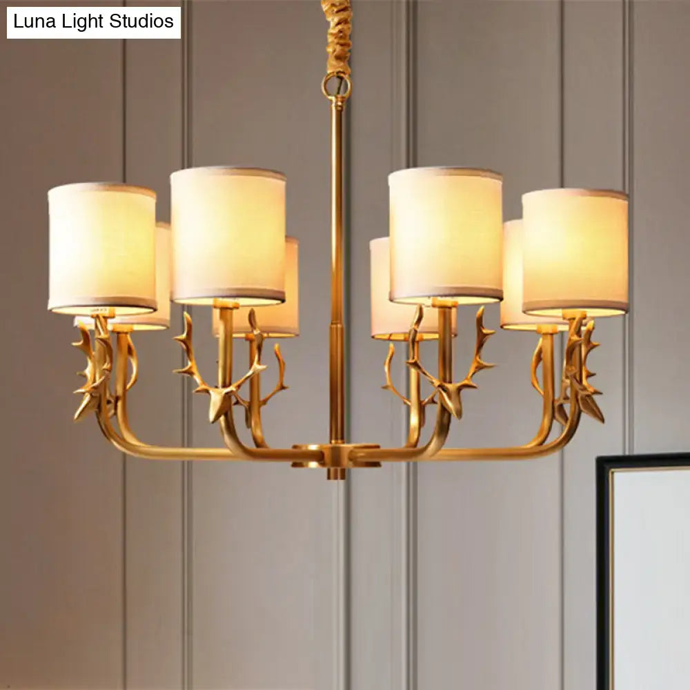 Gold antler fabric shade cylindrical chandelier living room light