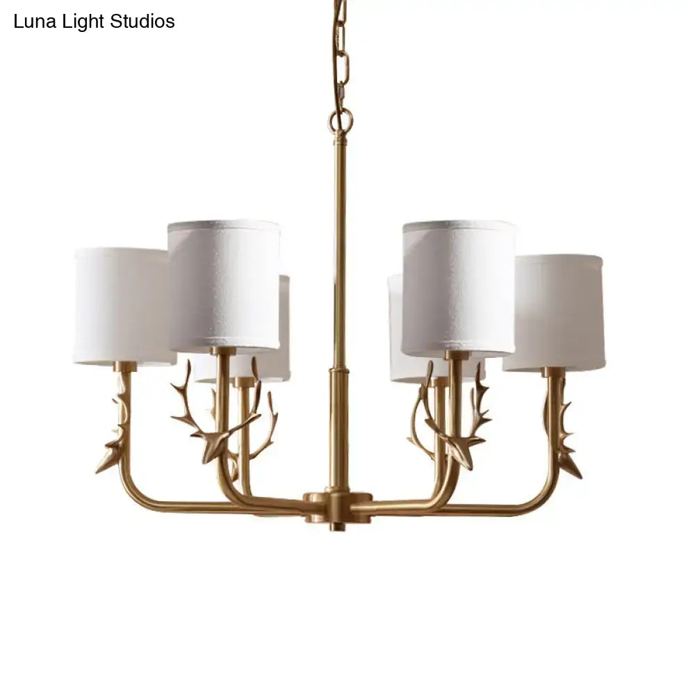 Gold antler fabric shade cylindrical chandelier living room light