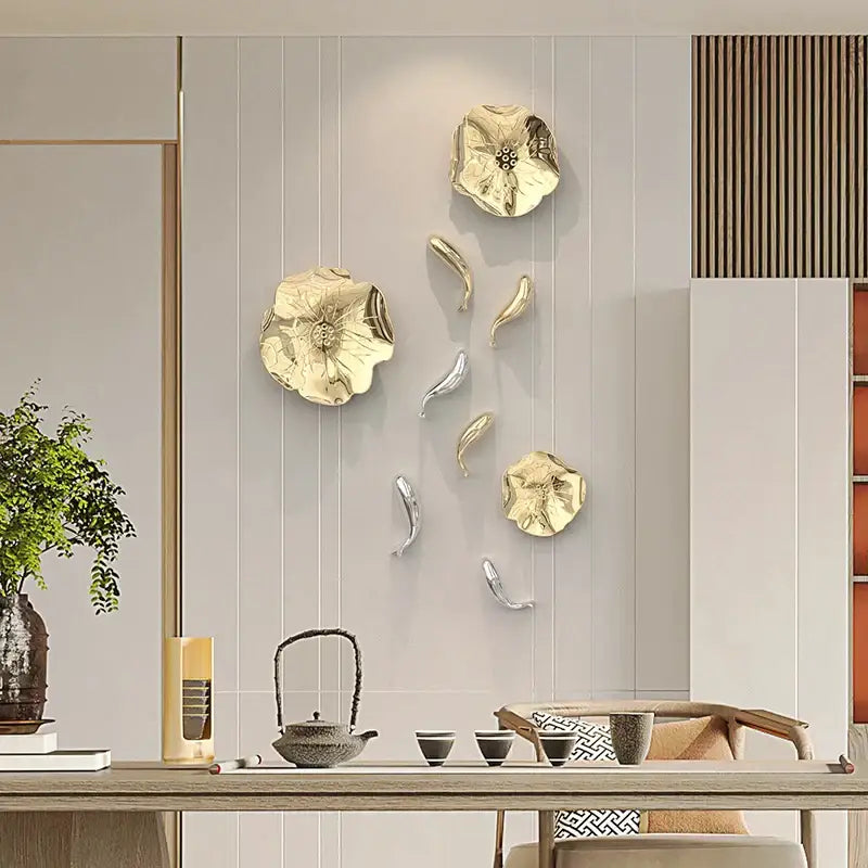 Gold carp fish lotus leaf wall art living room decor