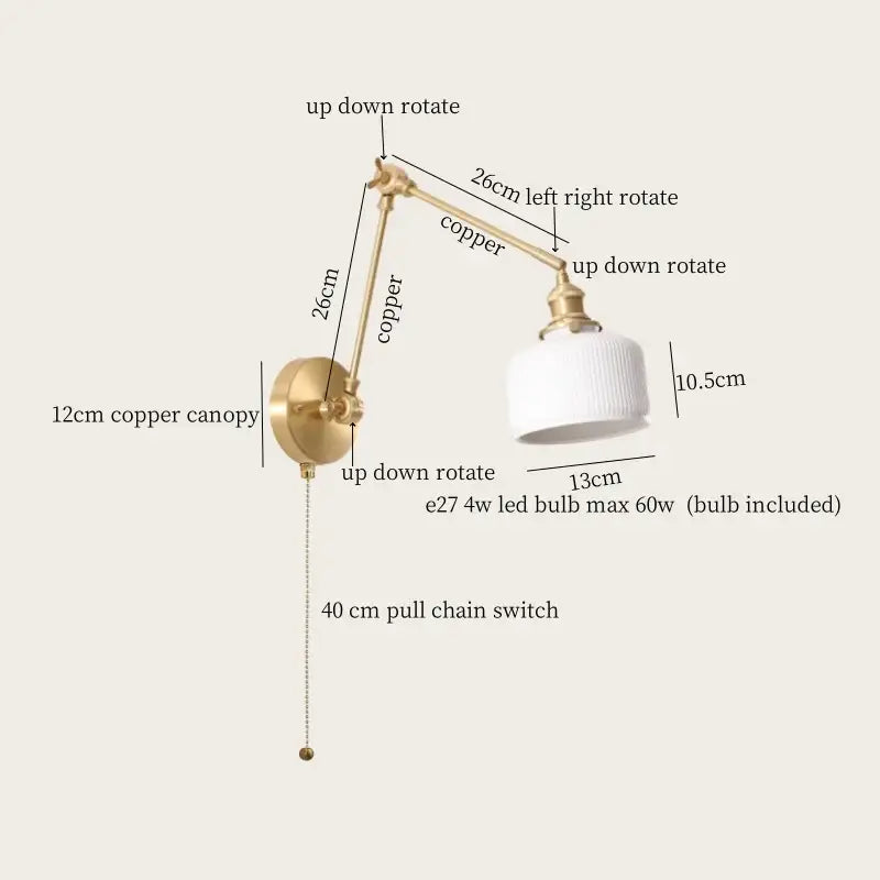 Gold ceramic led wall lamp with ribbed fabric shade for living room
