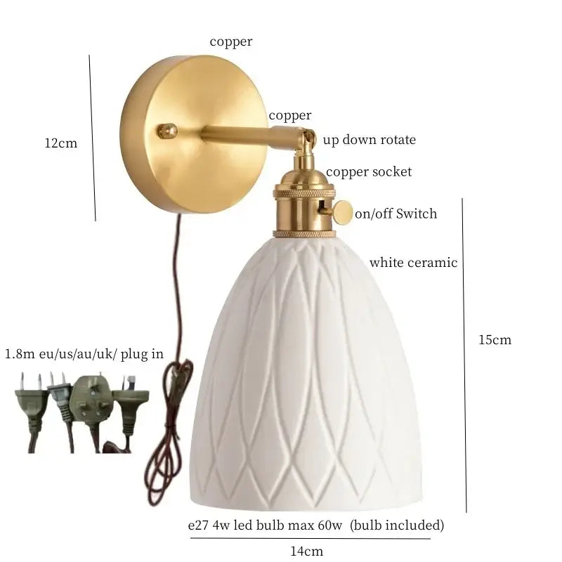 Gold ceramic led wall sconce with ribbed shade for bedroom