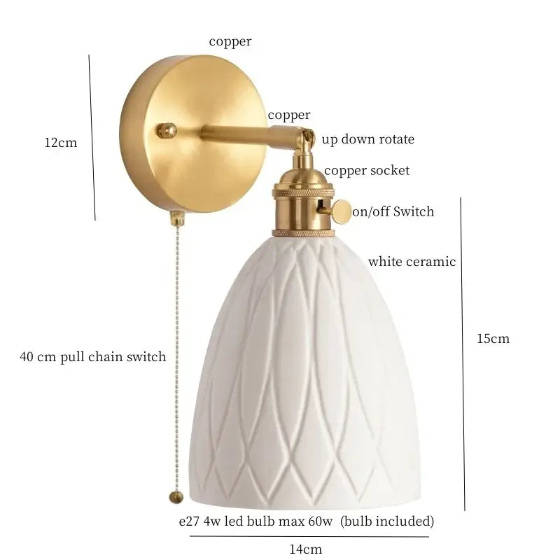 Gold ceramic led wall sconce with ribbed shade for bedroom