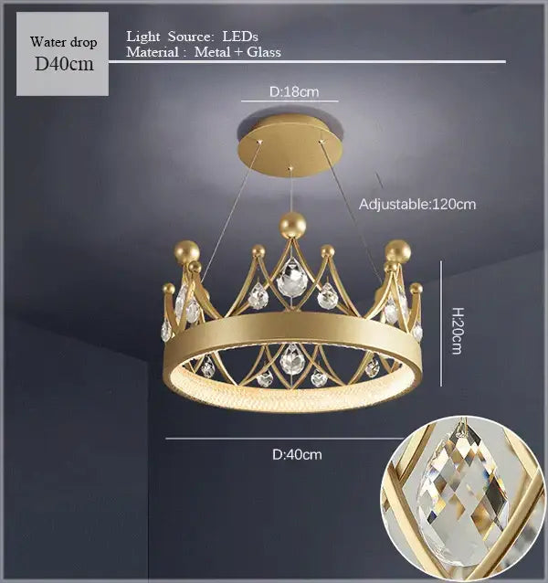 Gold crown crystal chandelier pendant light for bedroom