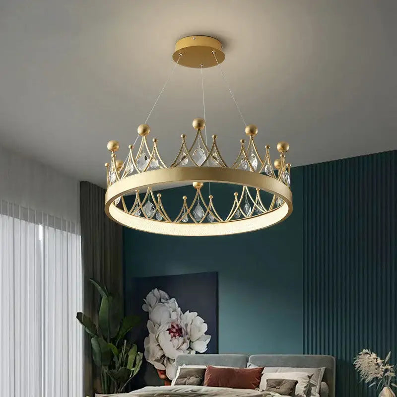 Gold crown crystal chandelier pendant light for bedroom