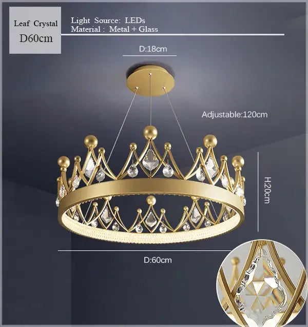 Gold crown crystal chandelier pendant light for bedroom