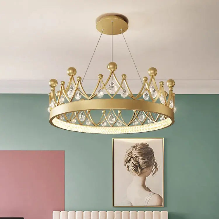 Gold crown crystal chandelier pendant light for bedroom