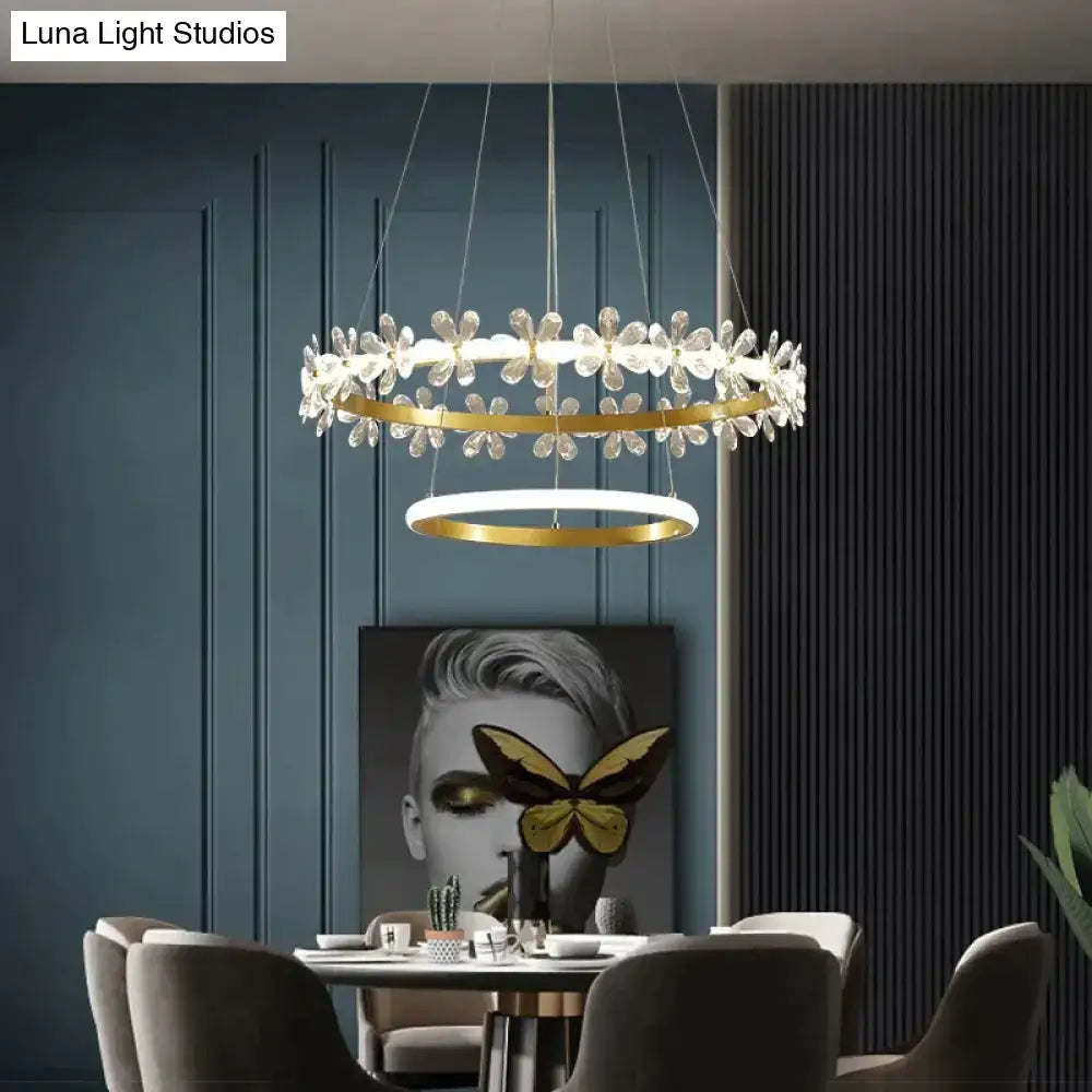 Gold crown crystal flower pendant light bedroom chandelier