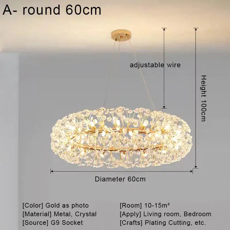Gold dandelion crystal led pendant chandelier for living room