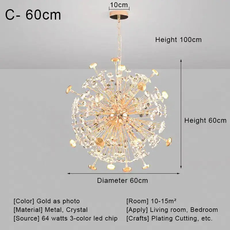Gold dandelion crystal led pendant chandelier for living room