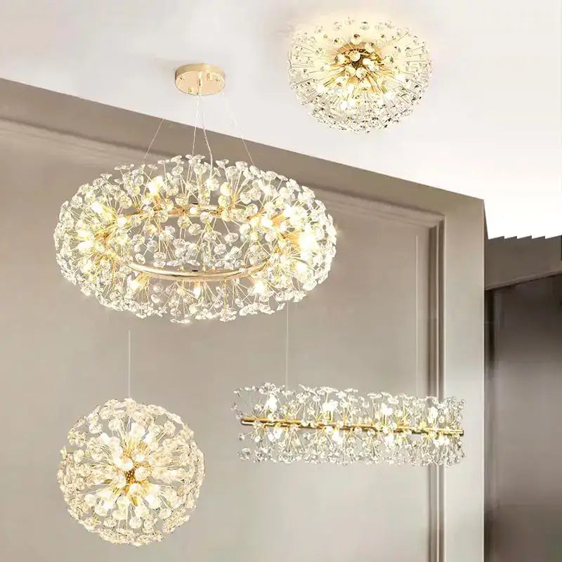 Gold dandelion crystal led pendant chandelier for living room