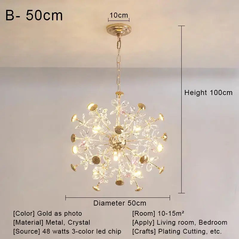 Gold dandelion crystal led pendant chandelier for living room