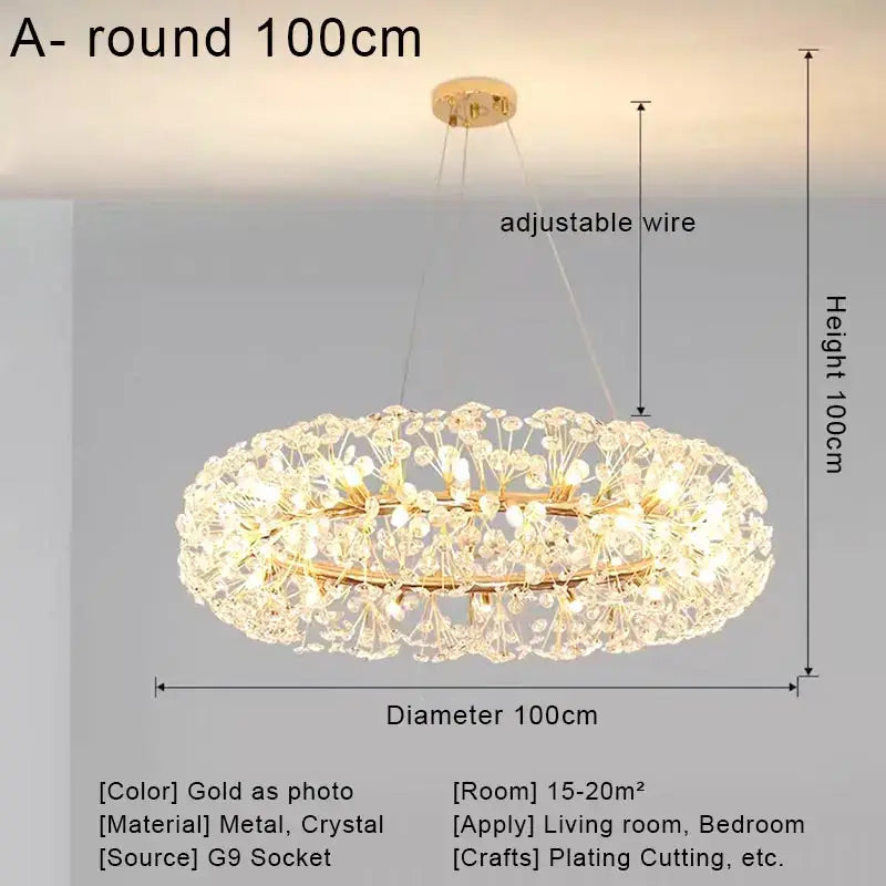 Gold dandelion crystal led pendant chandelier for living room
