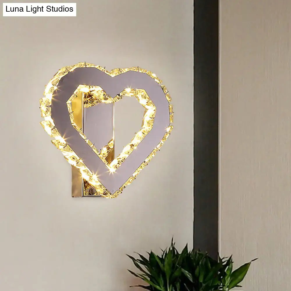 Gold faceted crystal heart led wall sconce bedroom light stainless steel