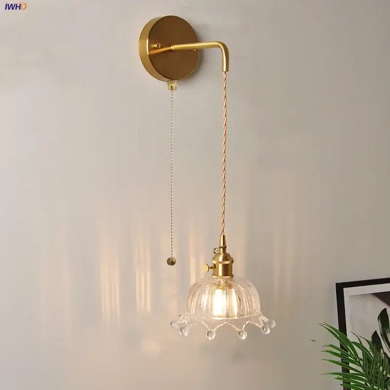 Gold fluted clear glass led wall lights bedroom sconce with crystals