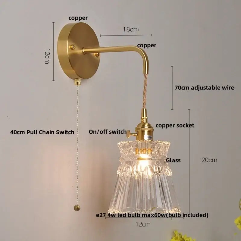 Gold fluted clear glass led wall lights bedroom sconce with crystals