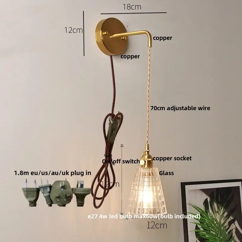 Gold fluted clear glass led wall lights bedroom sconce with crystals