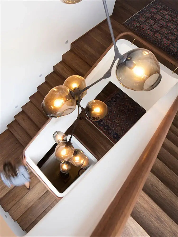 Gold glass branching staircase chandelier dining room molecular light