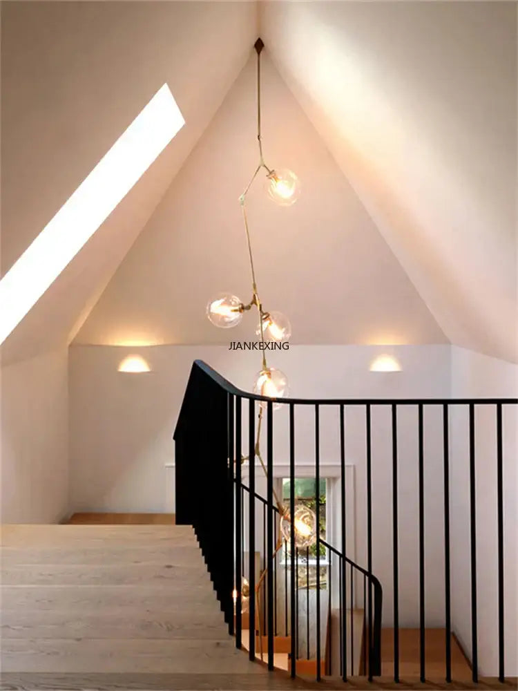 Gold glass branching staircase chandelier dining room molecular light