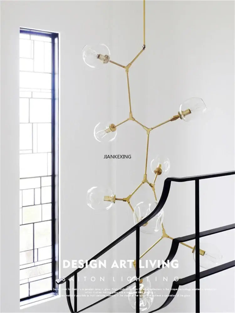 Gold glass branching staircase chandelier dining room molecular light
