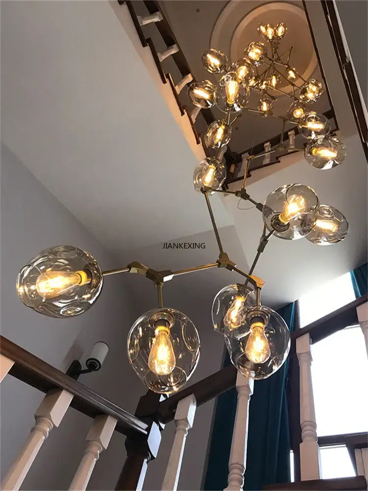 Gold glass branching staircase chandelier dining room molecular light