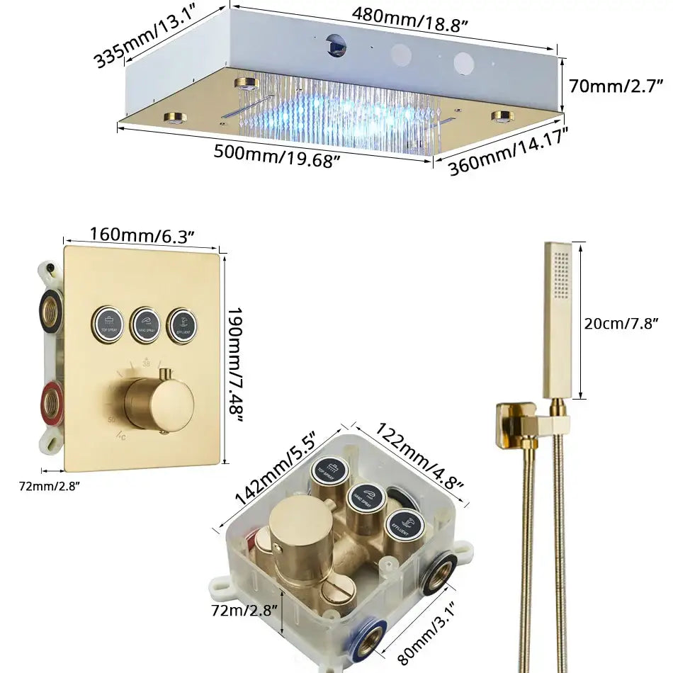Gold led rainfall waterfall head and bathtub mixer tap bathroom system