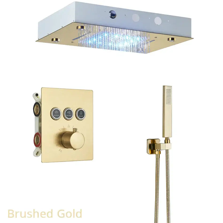 Gold led rainfall waterfall head and bathtub mixer tap bathroom system