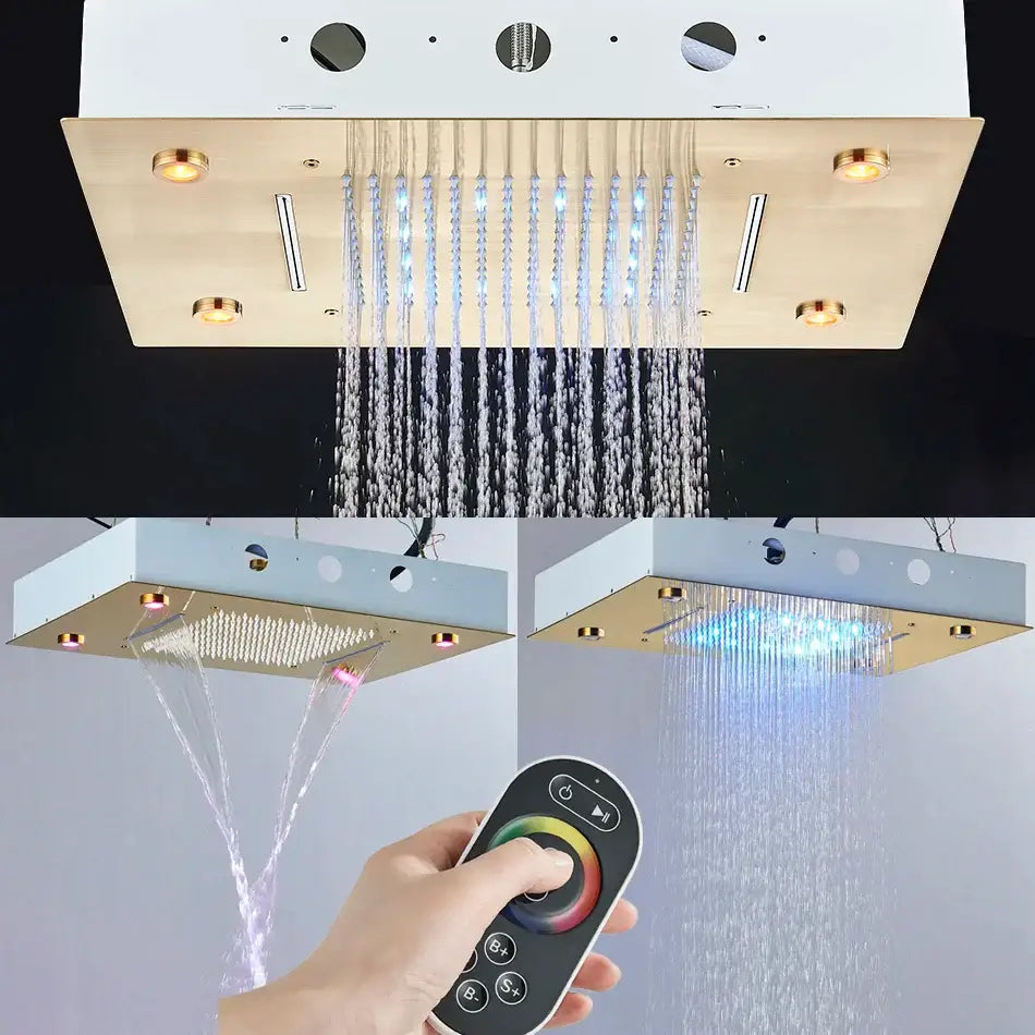 Gold led rainfall waterfall head and bathtub mixer tap bathroom system