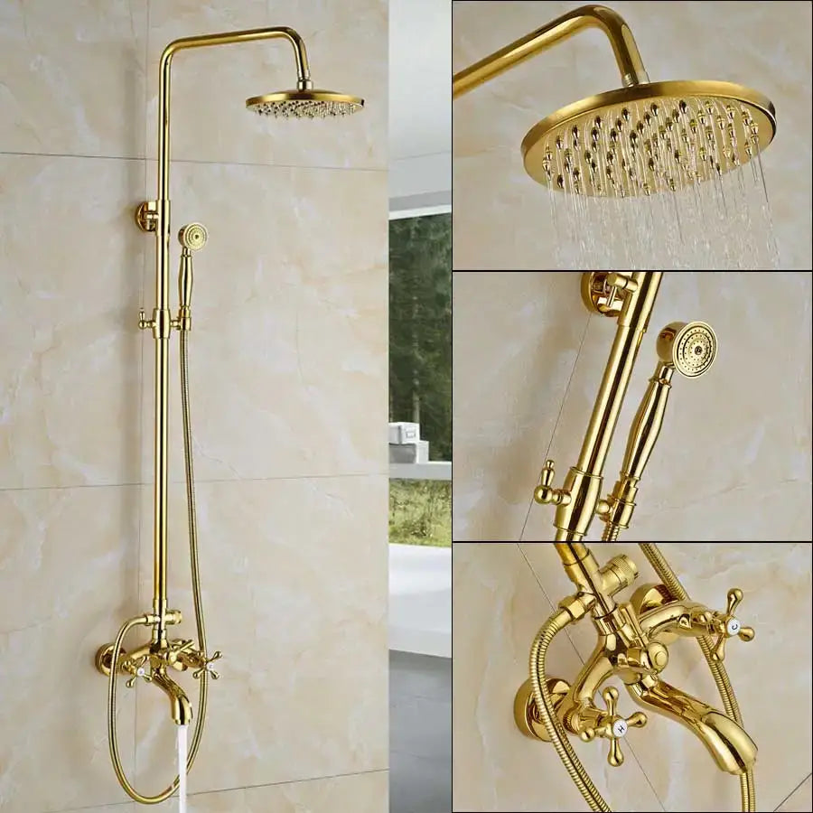 Gold rainfall and waterfall shower faucet set bathroom system