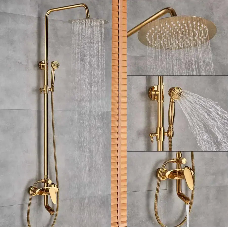 Gold rainfall and waterfall shower faucet set bathroom system