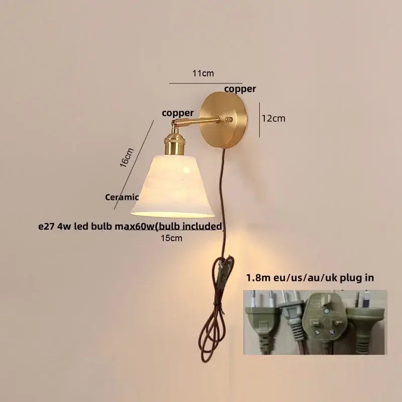 Gold ruffled glass wall light fixture bedroom pull chain lamp